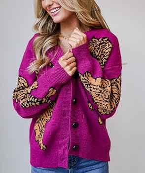 Tiger Print Cardigan Sweaters for Women Button Up Y2k